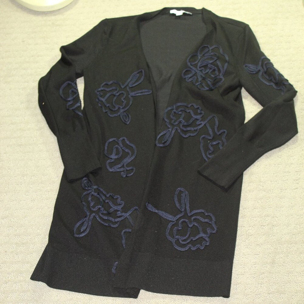 Chico's Size 0 / Small Black with Blue Scroll Long Cardigan
